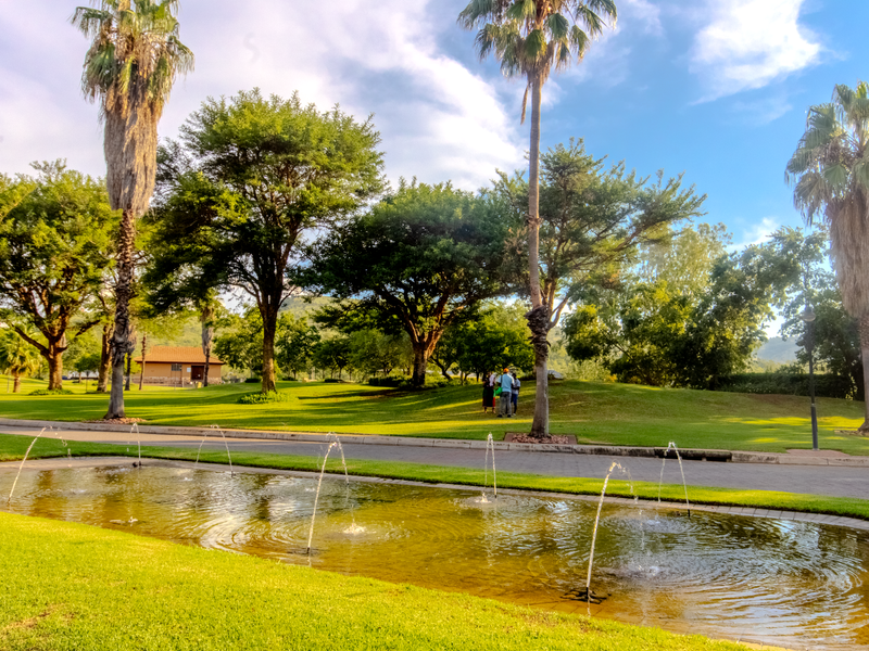 A beautifully landscaped garden area featuring a central water fountain, mature palm trees, and well-maintained green lawns with paved pathways.