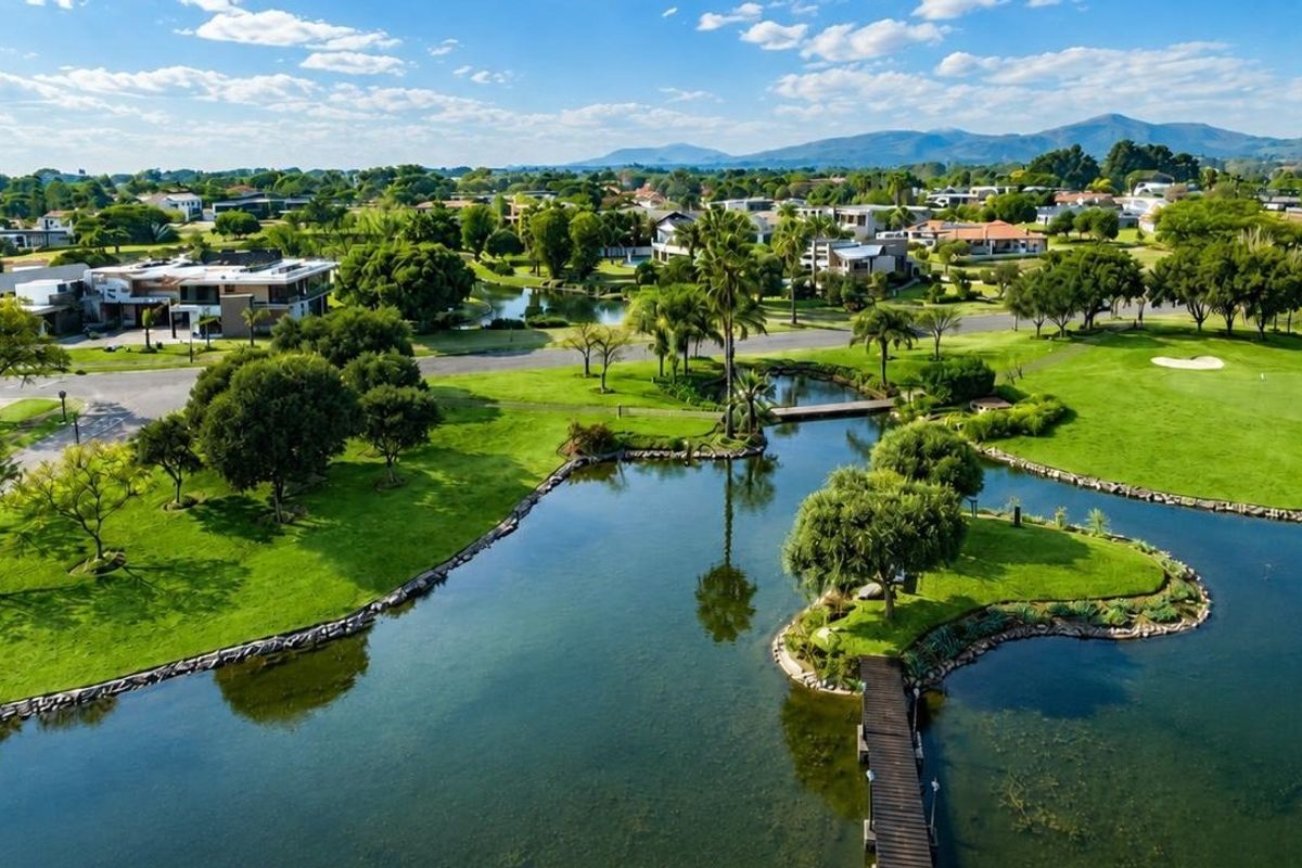 An aerial view of a residential estate featuring a central lake, landscaped green spaces, and a pedestrian bridge within a golf course community.