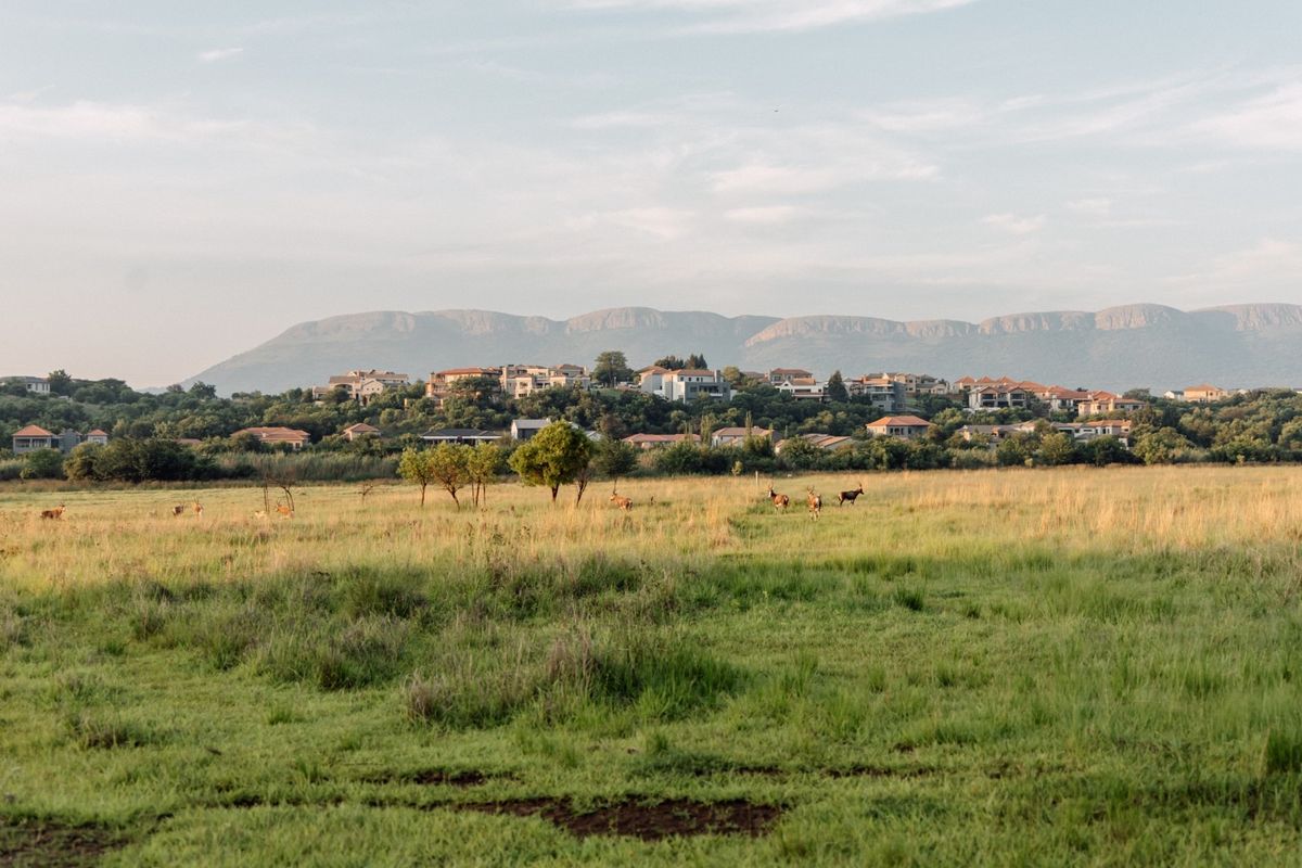 A scenic view of an expansive grassy field with a mountain range and residential estate in the background.