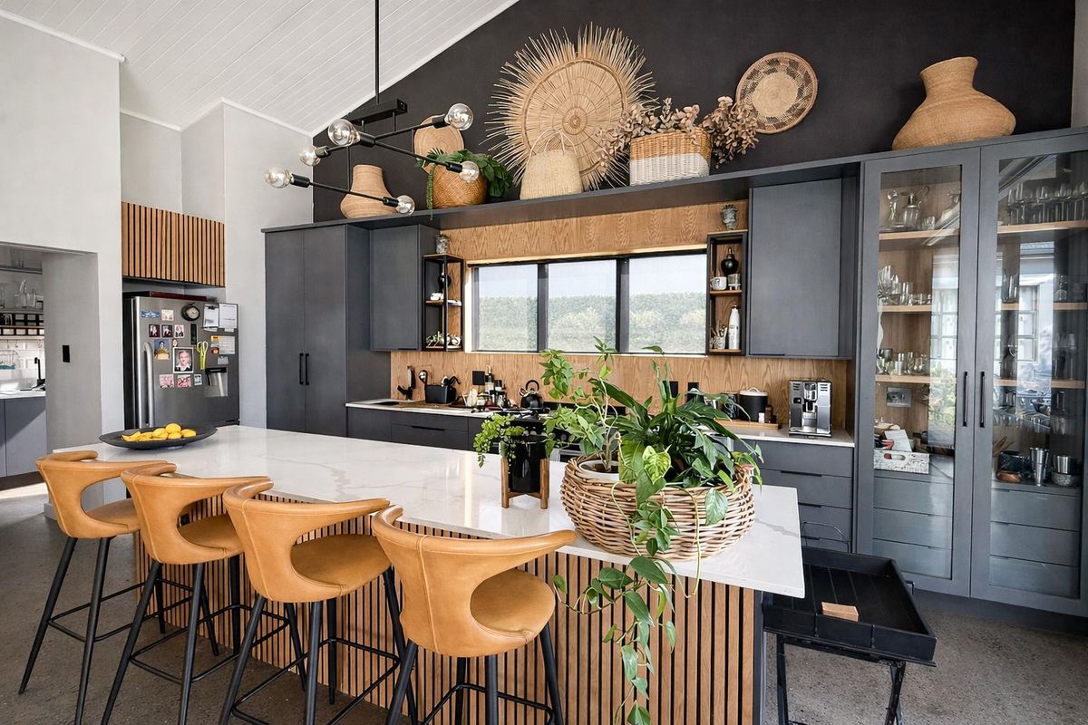 Modern kitchen featuring a large stone-topped island with slatted wood detailing, dark cabinetry, and a vaulted ceiling with contemporary lighting.