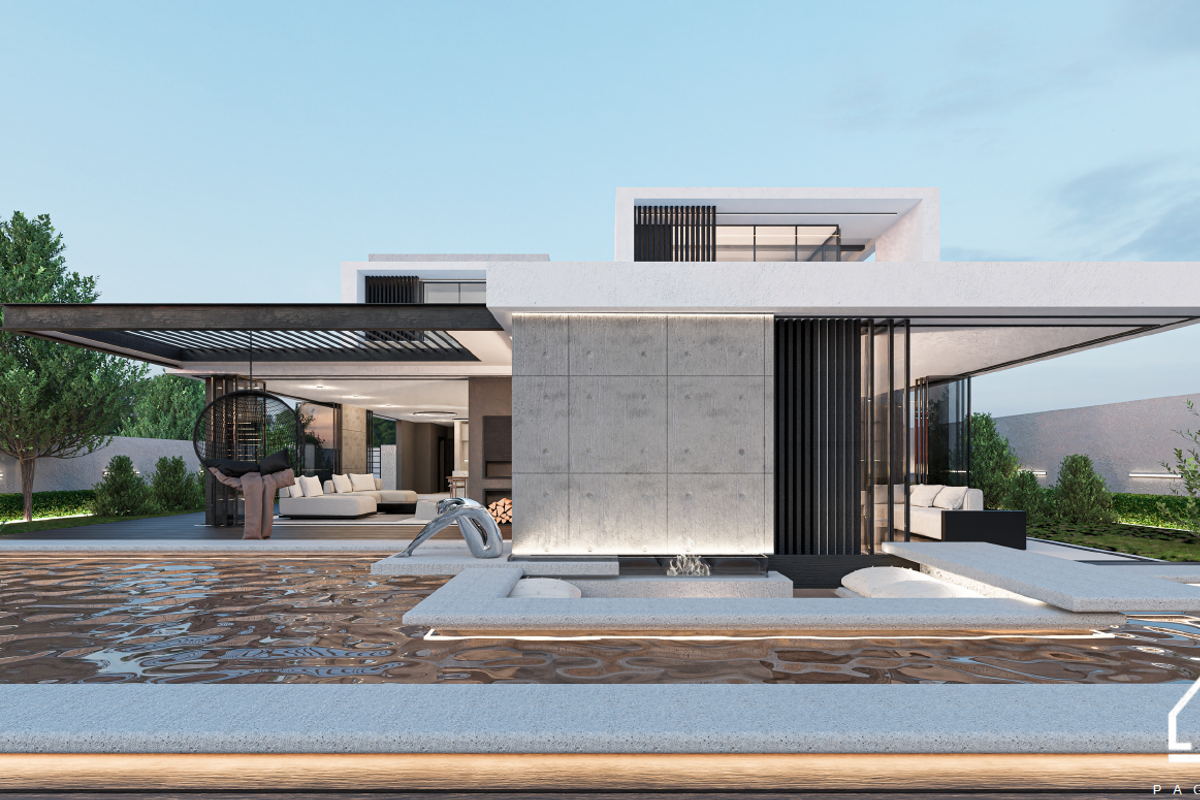 Modern luxury residence featuring a sleek concrete facade, expansive covered patio, and a sophisticated swimming pool area with integrated architectural lighting.
