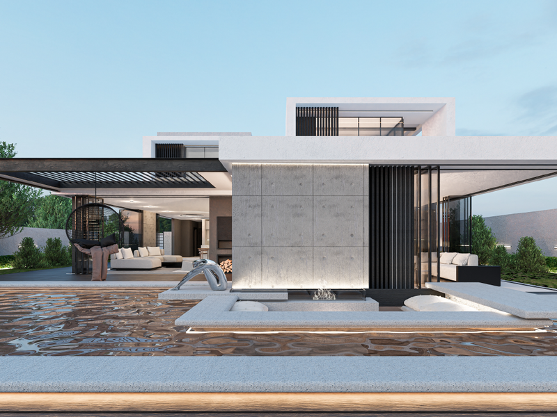 Modern luxury residence featuring a sleek concrete facade, expansive covered patio, and a sophisticated swimming pool area with integrated architectural lighting.