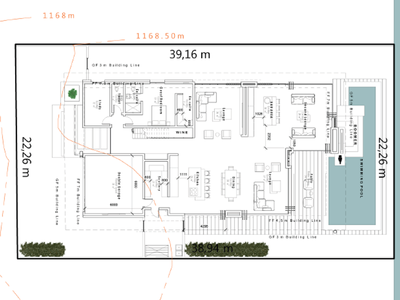 Architectural floor plan showing the layout of the ground floor, including living areas, kitchen, garage, and swimming pool.
