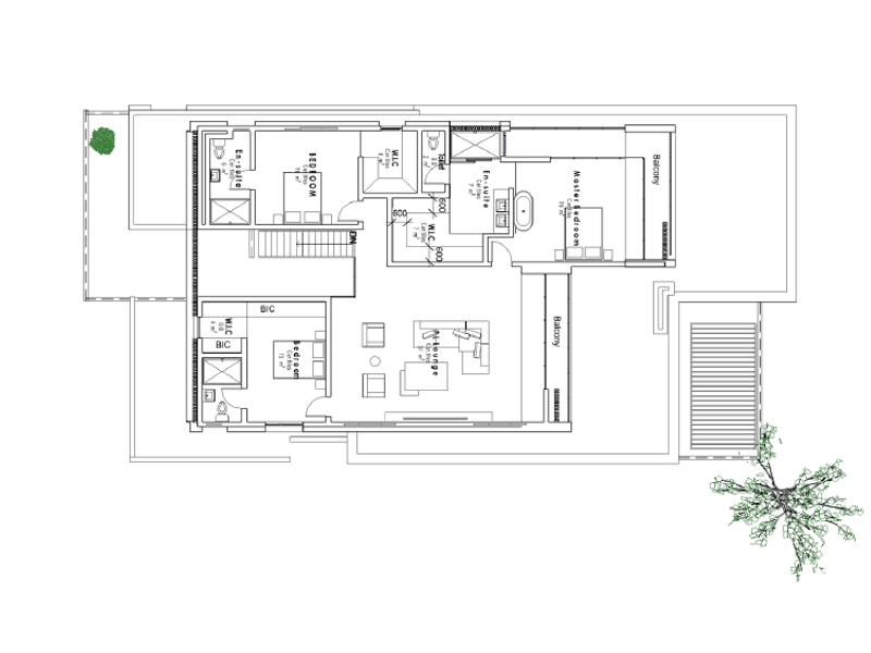 Architectural floor plan showing the layout of the upper level, including bedrooms, en-suites, walk-in closets, and balconies.