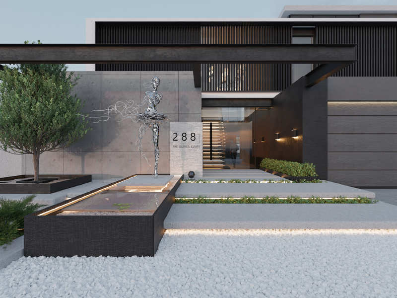 Modern architectural front facade featuring a striking steel beam structure, concrete finishes, a water feature, and integrated lighting.