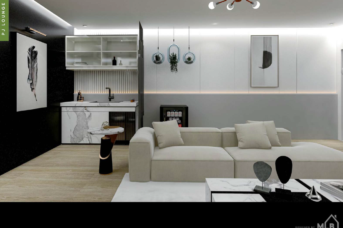 Modern living room featuring a sleek built-in kitchenette with marble finishes, recessed lighting, and high-end contemporary design elements.