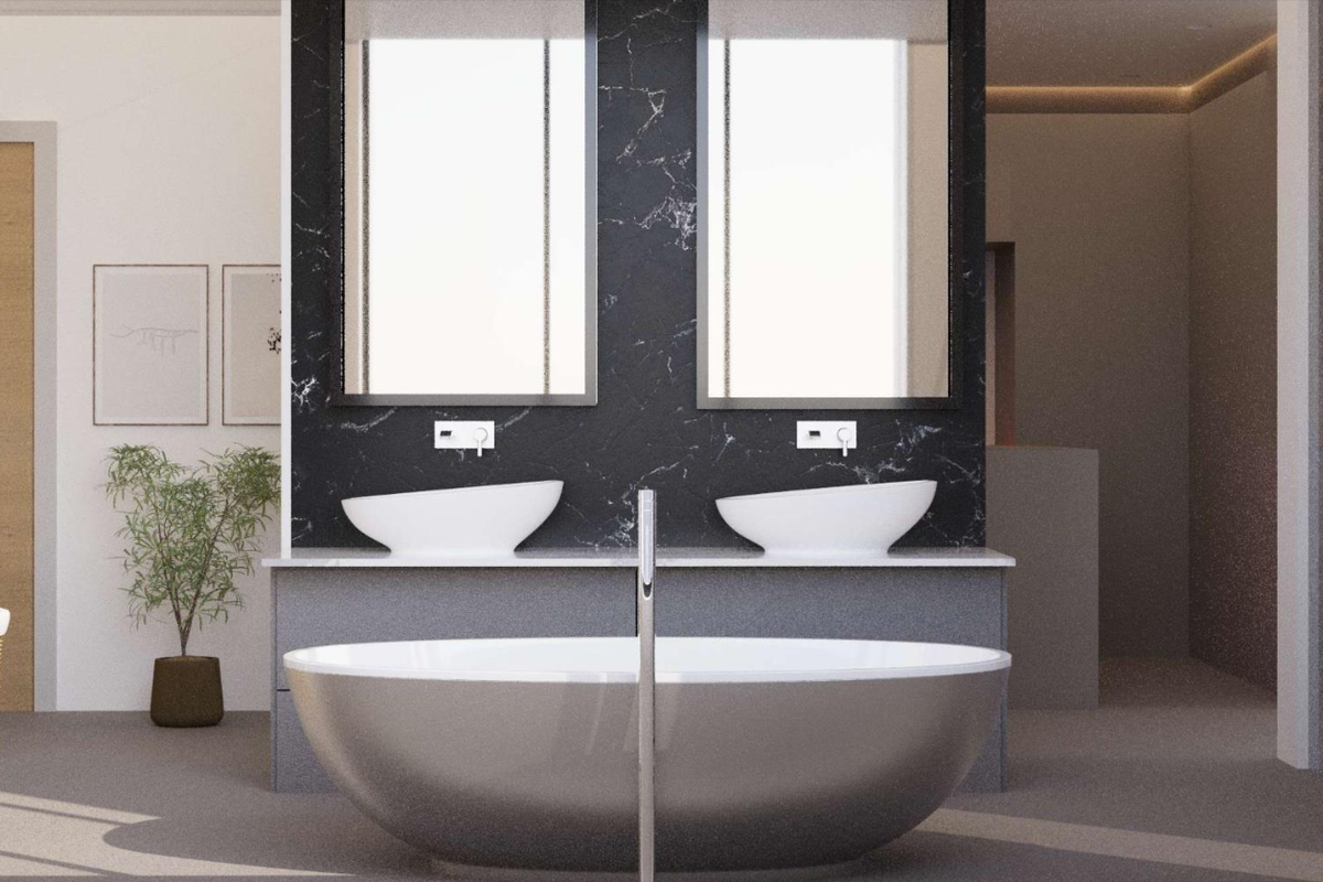 Modern bathroom featuring a sleek freestanding bathtub, double vanity with vessel sinks, and elegant marble wall detailing.
