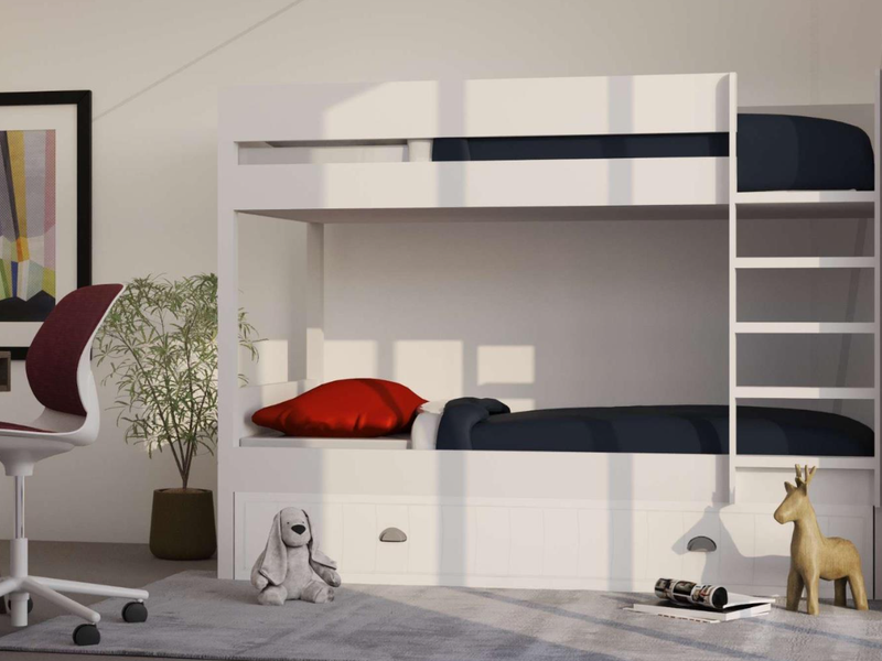 A bedroom featuring a bunk bed and a desk area, presented as a digital rendering.