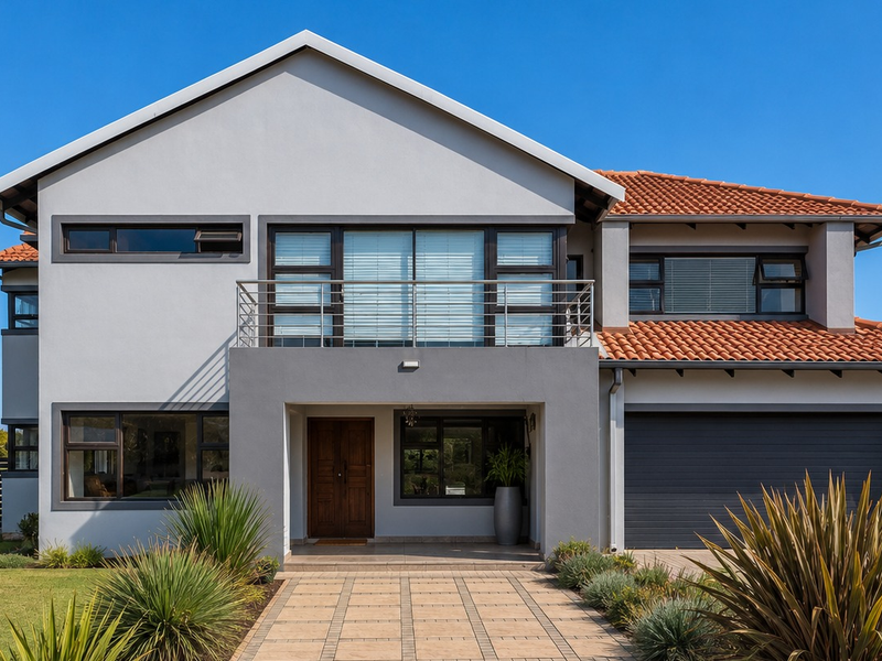A modern two-story residential home featuring a terracotta tiled roof, double garage, paved driveway, and a balcony with stainless steel railings.