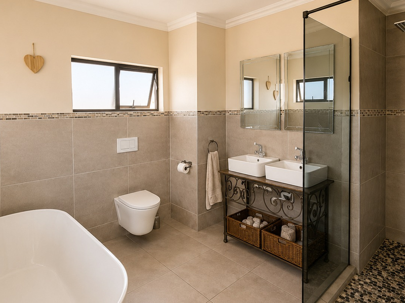 Modern bathroom featuring a freestanding bathtub, wall-mounted toilet, double vanity with vessel sinks, and a spacious walk-in shower with a rain shower head.