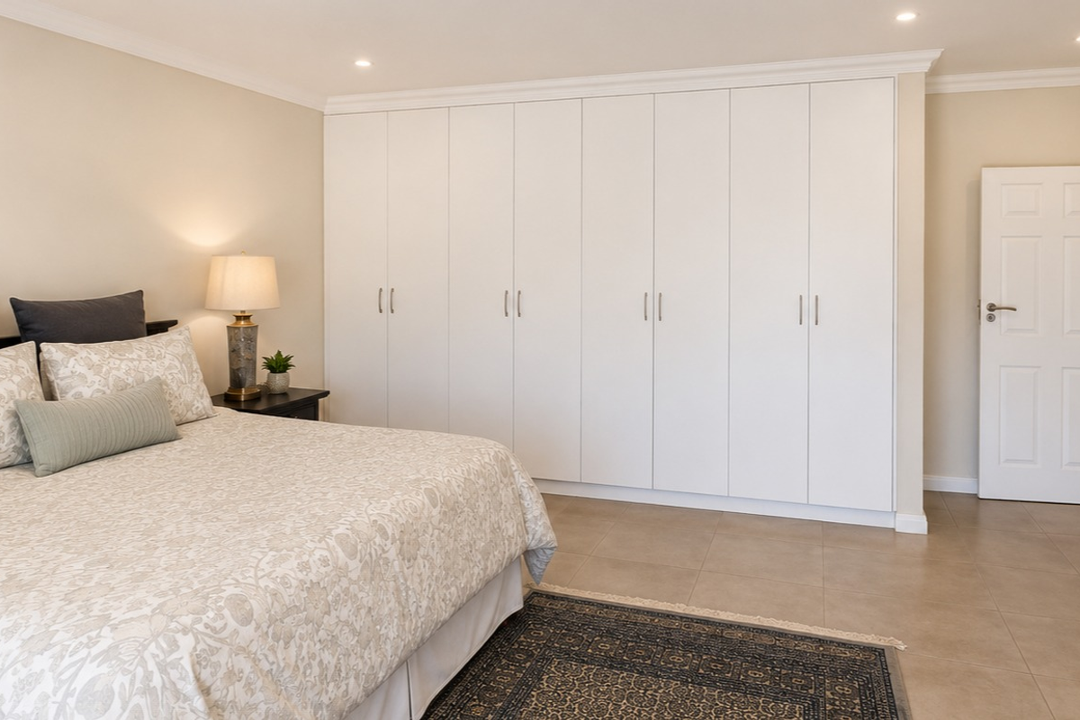 A well-maintained bedroom featuring extensive floor-to-ceiling built-in cupboards, neutral tiled flooring, and classic cornicing details.