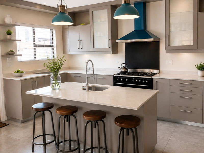 Modern kitchen featuring a central island with quartz countertops, sleek cabinetry, gas stove with extractor fan, and high-quality tiled flooring.