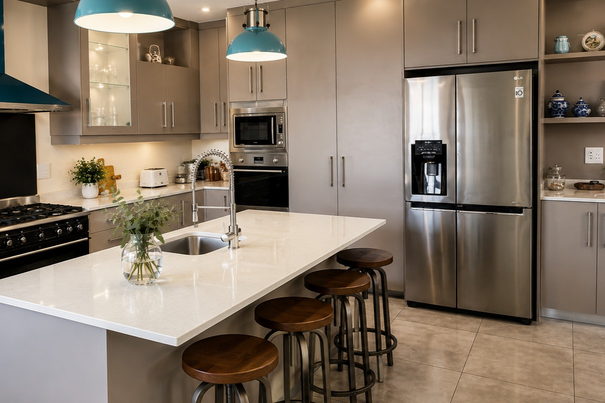 Modern kitchen featuring sleek cabinetry, quartz countertops, a central island with breakfast bar, and high-end built-in appliances.