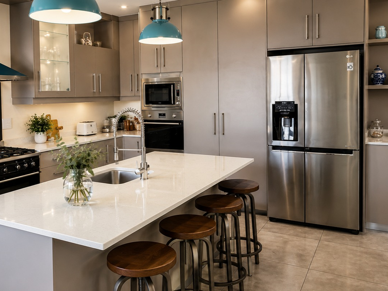 Modern kitchen featuring sleek cabinetry, quartz countertops, a central island with breakfast bar, and high-end built-in appliances.