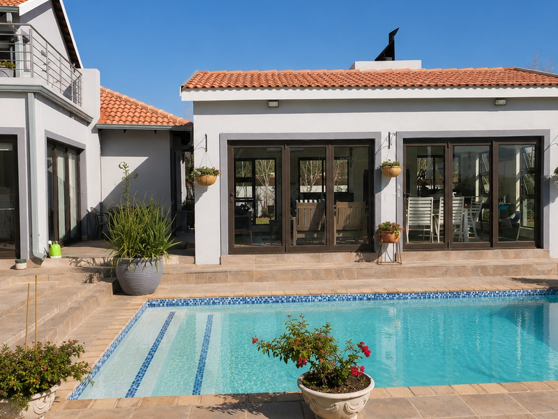 A well-maintained outdoor pool area featuring a tiled patio, swimming pool, and direct access to the home through large sliding glass doors.