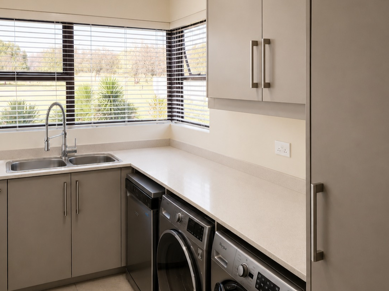 A modern, well-maintained laundry room featuring stone countertops, double bowl sink, integrated appliances, and ample built-in cabinetry with a view of the garden.