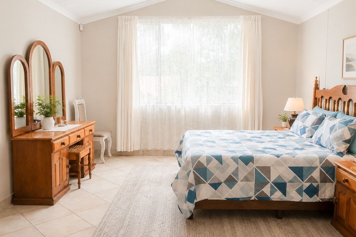 A well-maintained bedroom featuring tiled flooring, a vaulted ceiling, and a large window allowing for natural light.