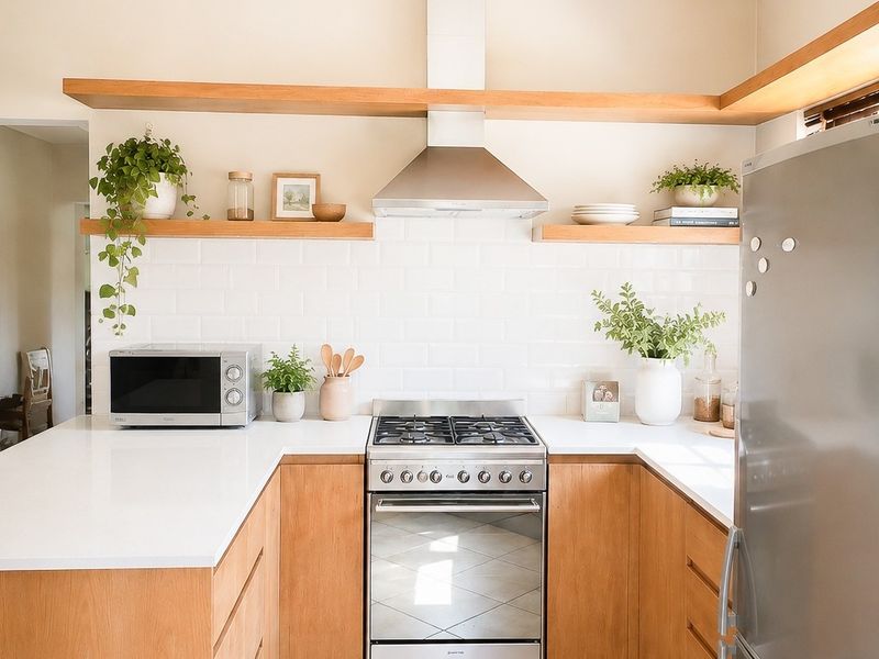 Modern U-shaped kitchen featuring timber cabinetry, stone countertops, subway tile backsplash, floating shelves, and stainless steel gas oven with extractor fan.