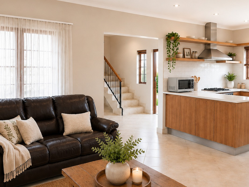 Open-plan living area featuring a modern kitchen with wood-finish cabinetry, gas cooktop, and tiled flooring, seamlessly connected to a staircase and lounge space.
