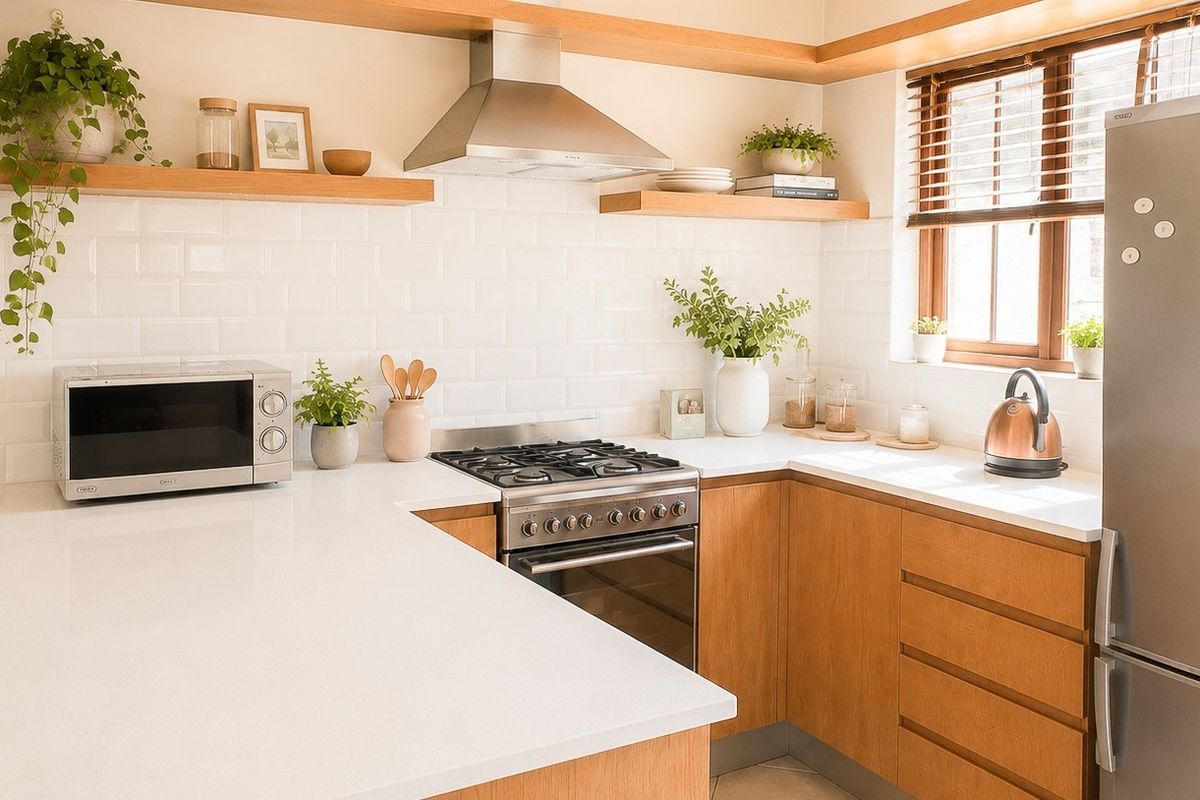 Modern kitchen featuring light wood cabinetry, white quartz countertops, subway tile backsplash, and integrated stainless steel appliances with floating wooden shelving.