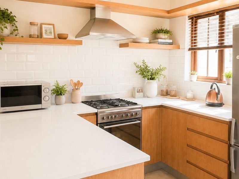 Modern kitchen featuring light wood cabinetry, white quartz countertops, subway tile backsplash, and integrated stainless steel appliances with floating wooden shelving.