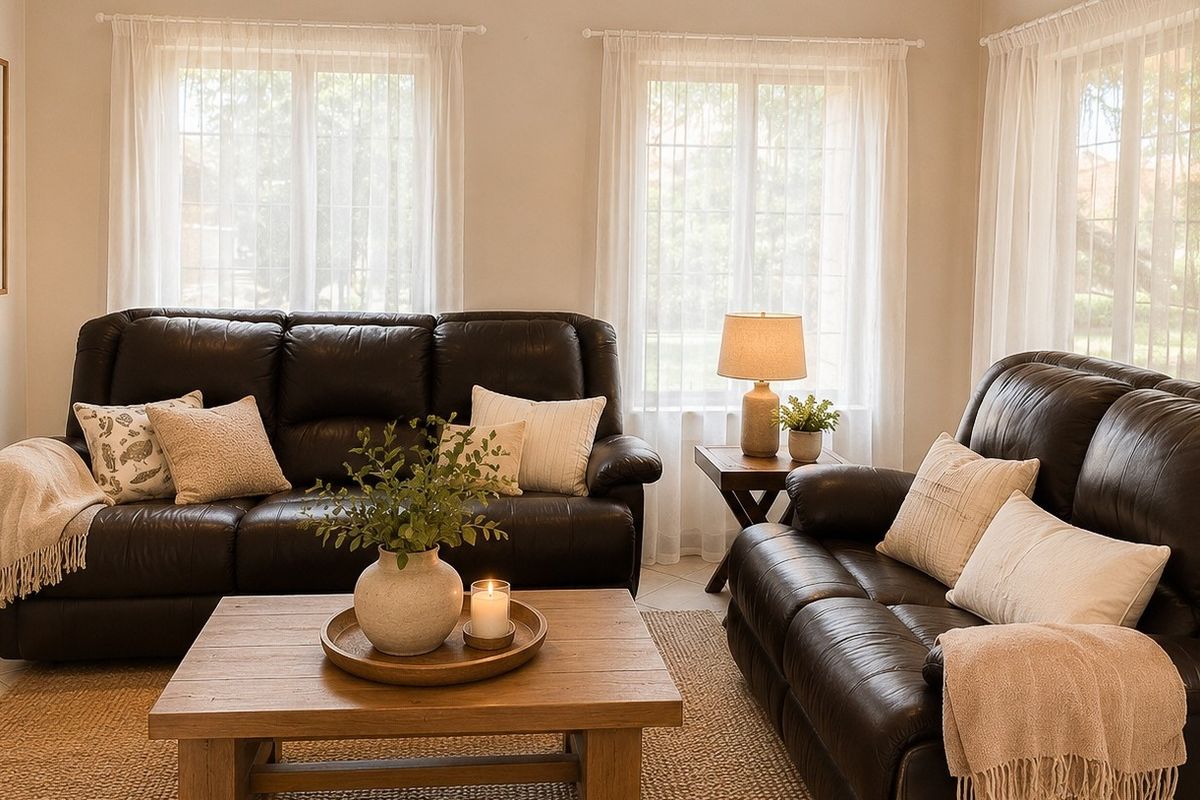 A bright and comfortable living room featuring neutral walls, tiled flooring, and large windows that allow for ample natural light.