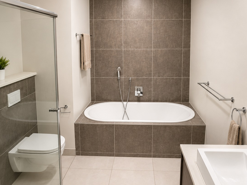Modern bathroom featuring a wall-mounted toilet, a built-in bathtub with tiled surround, and a sleek vanity basin with chrome fixtures.