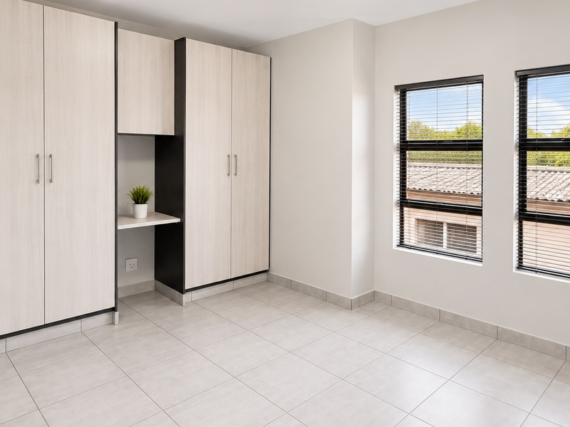 A bright, empty bedroom featuring modern built-in cupboards, a integrated desk area, tiled flooring, and large windows with venetian blinds.