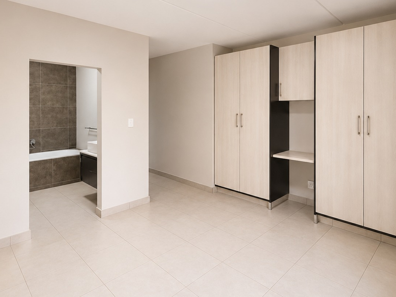 Spacious bedroom featuring neutral tiled flooring, ample built-in cupboard storage, and direct access to an en-suite bathroom with modern finishes.