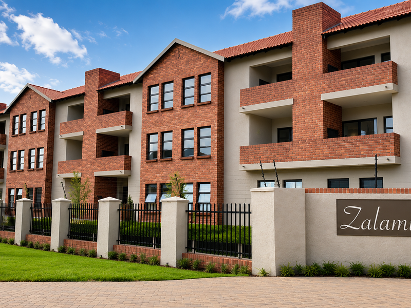 A modern residential apartment complex featuring a brick facade, tiled roof, private balconies, and a well-maintained landscaped garden with secure perimeter fencing.