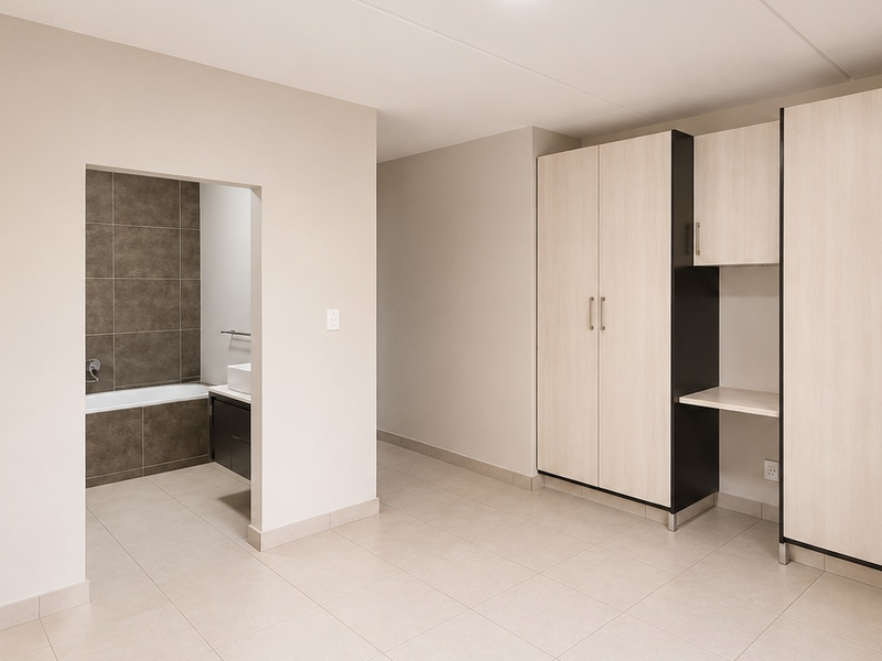 A spacious, neutral-toned bedroom featuring modern built-in cupboards with an integrated desk, tiled flooring, and direct access to an en-suite bathroom.