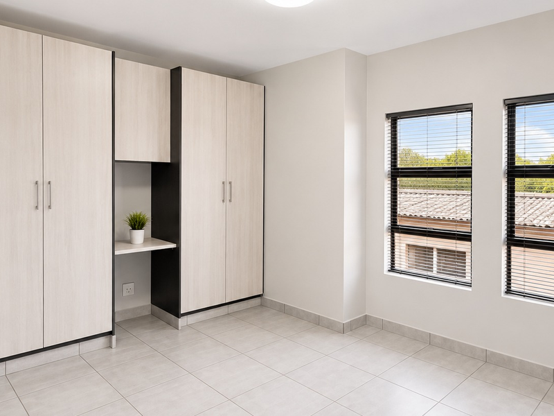 A bright and modern bedroom featuring neutral tiled flooring, built-in cupboards with a integrated desk space, and large windows with fitted venetian blinds.