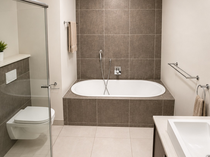 Modern bathroom featuring a wall-hung toilet, built-in bathtub with tiled surround, and a sleek vanity basin with contemporary fixtures.