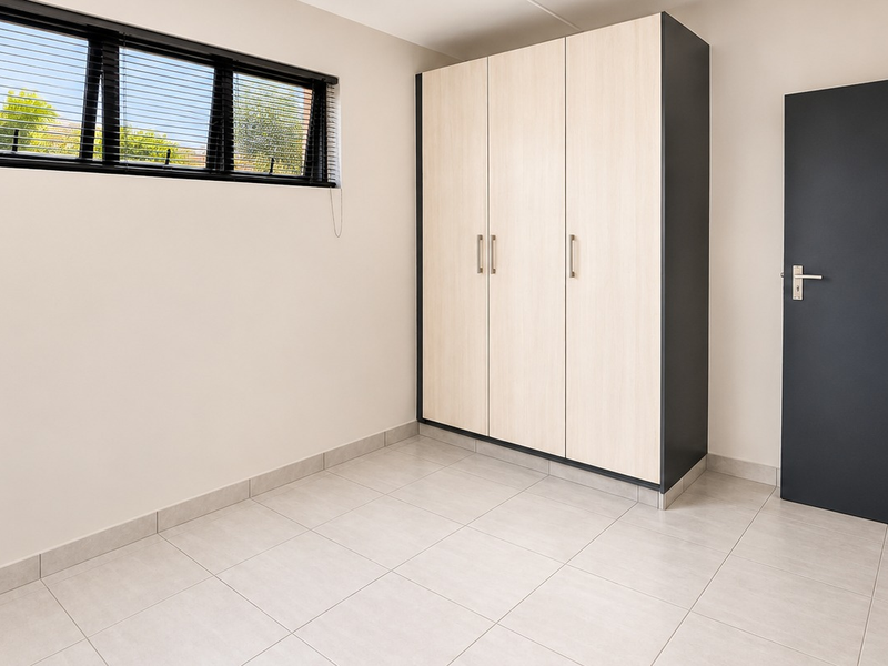 A clean, modern bedroom featuring neutral tiled flooring, a built-in wardrobe, and a window with fitted blinds.