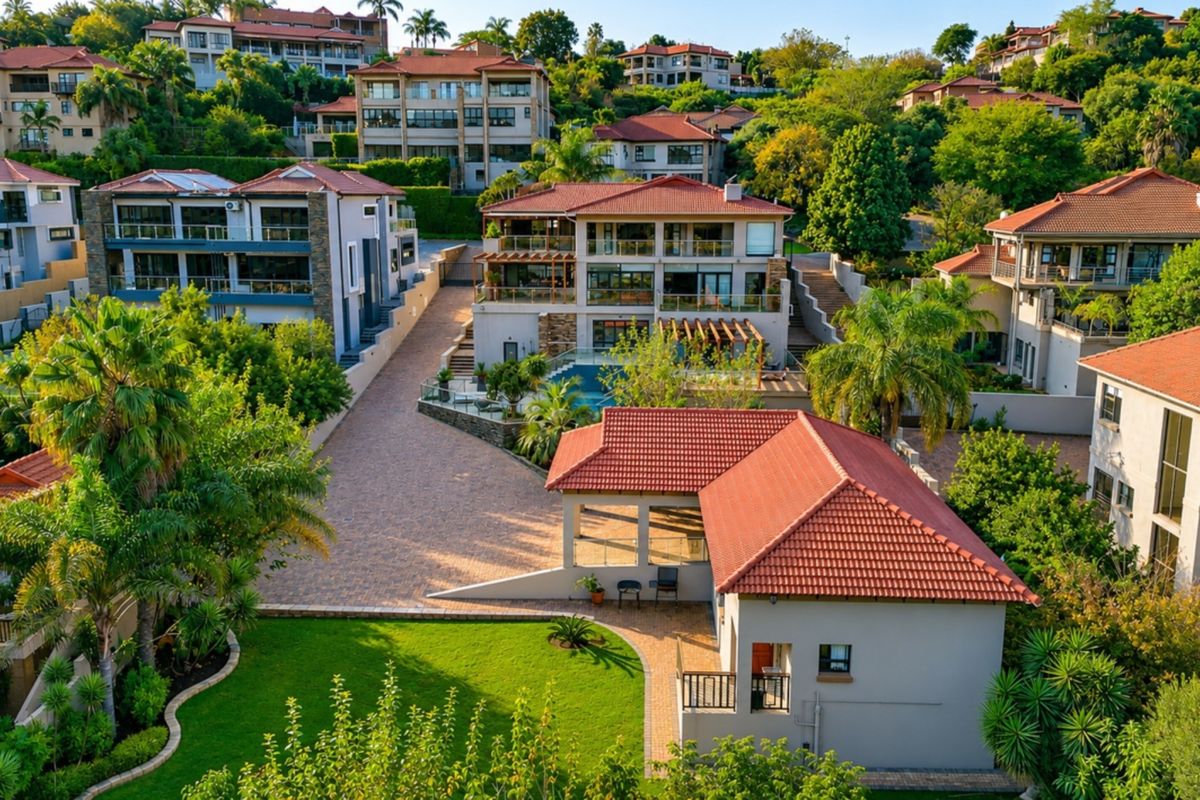 Aerial view of a residential estate featuring multiple multi-story homes with terracotta tiled roofs, swimming pools, and landscaped gardens.