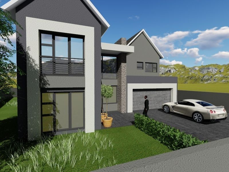 A modern two-story residential property featuring a double garage, paved driveway, and contemporary architectural design with stone accents.