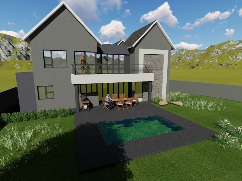 A 3D architectural rendering of a modern two-story residential property featuring a rear patio, swimming pool, and balcony overlooking a landscaped garden.