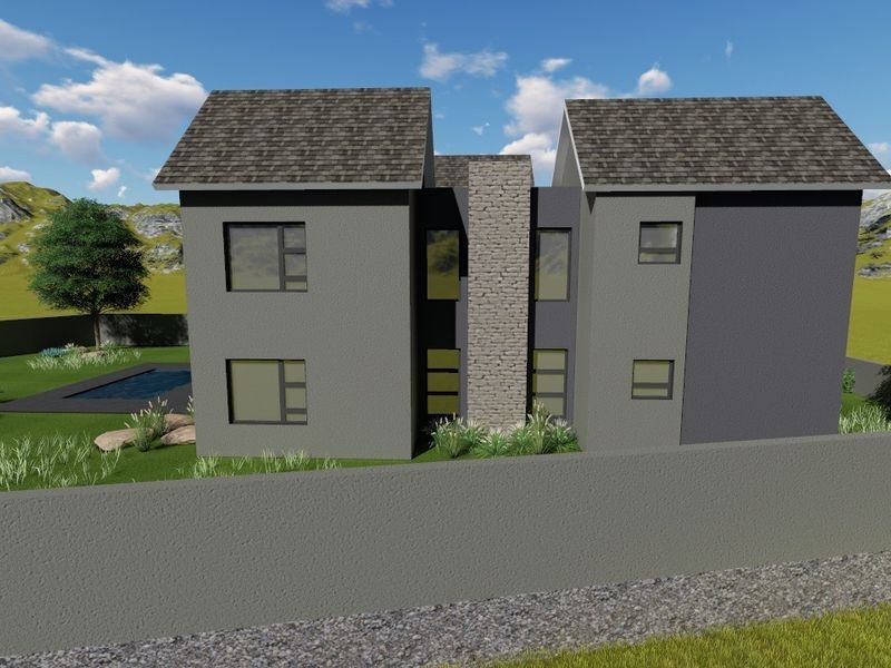 A 3D architectural rendering of a modern two-story residential property featuring a stone-clad central element, a swimming pool, and a surrounding boundary wall.