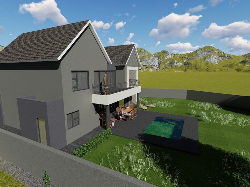 A 3D architectural rendering of a two-story residential property featuring a rear patio, swimming pool, and balcony overlooking a landscaped garden.