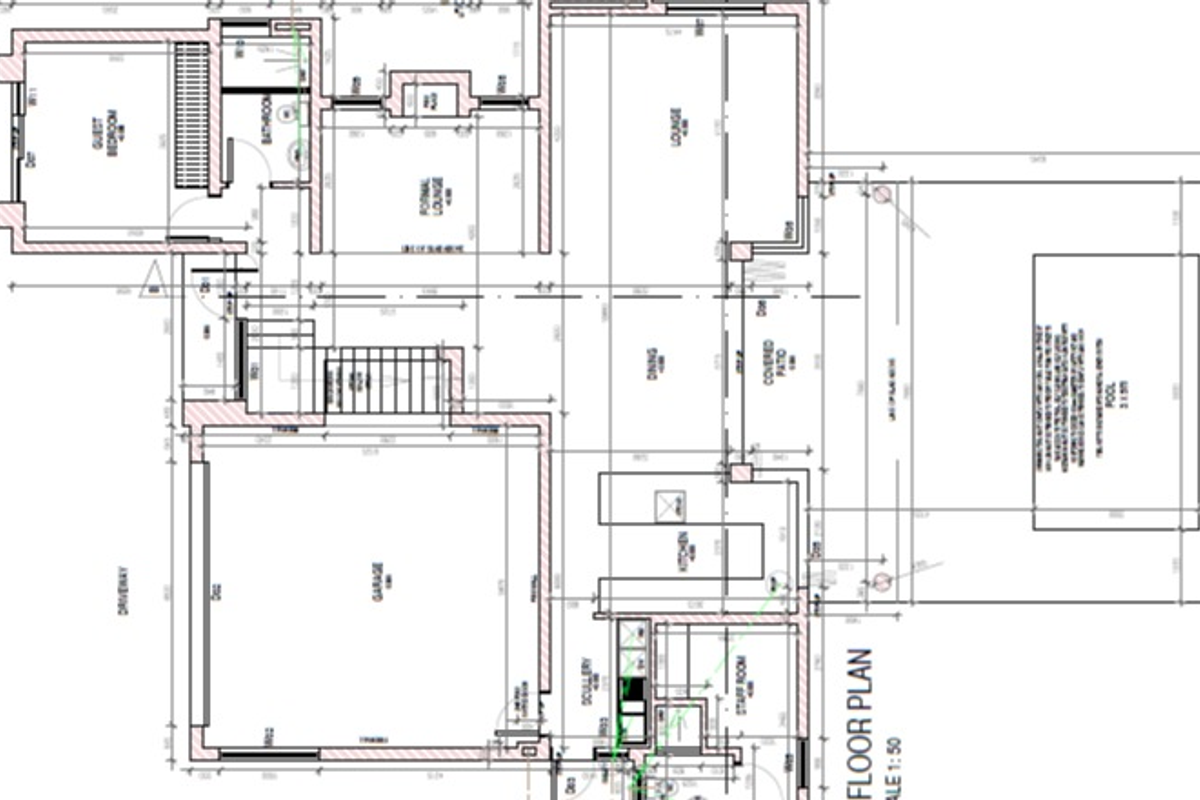 Architectural floor plan detailing the layout of the residential property, including living areas, garage, kitchen, and outdoor pool space.