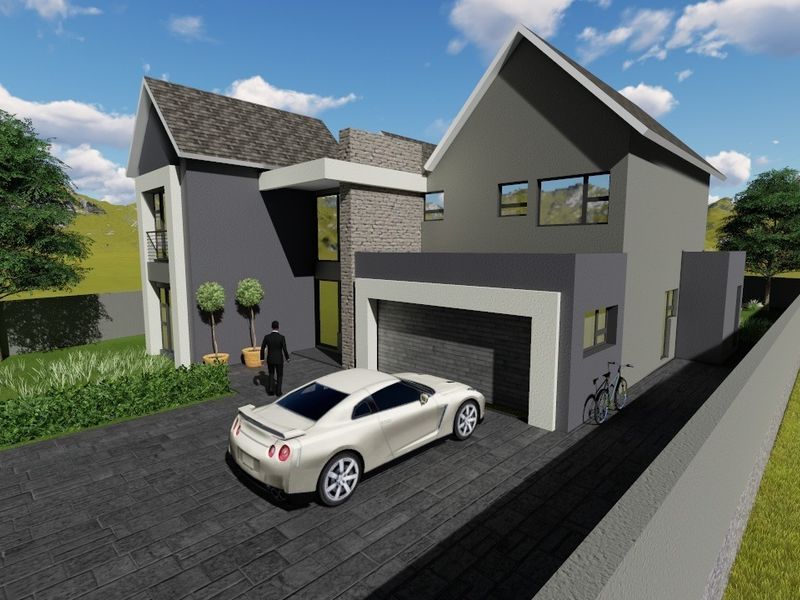 A 3D architectural rendering of a modern two-story residential property featuring a double garage, stone accents, and a paved driveway.