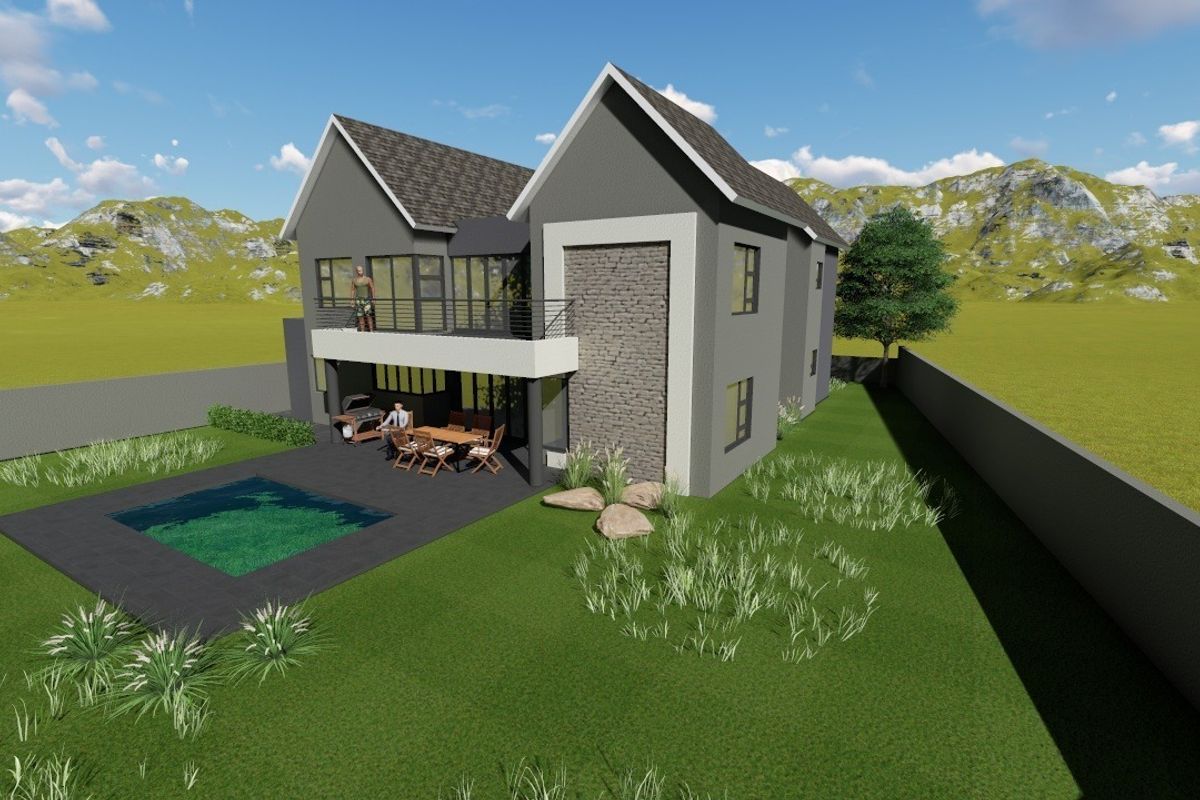 A 3D architectural rendering of a modern two-story residential property featuring a rear patio, swimming pool, and balcony.