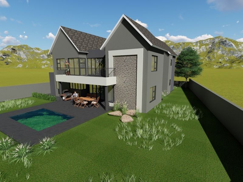 A 3D architectural rendering of a modern two-story residential property featuring a rear patio, swimming pool, and balcony.
