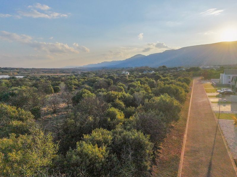 An aerial view of the estate featuring a paved road, surrounding natural vegetation, and distant mountain scenery at sunset.