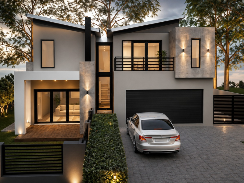Modern two-story residential facade featuring a double garage, paved driveway, timber deck, and contemporary architectural lighting.