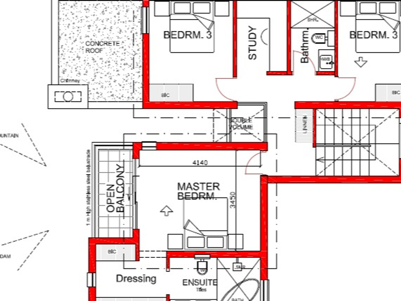 Architectural floor plan showing the upper level layout, including master bedroom with ensuite, additional bedrooms, study, and open balcony with mountain and dam views.