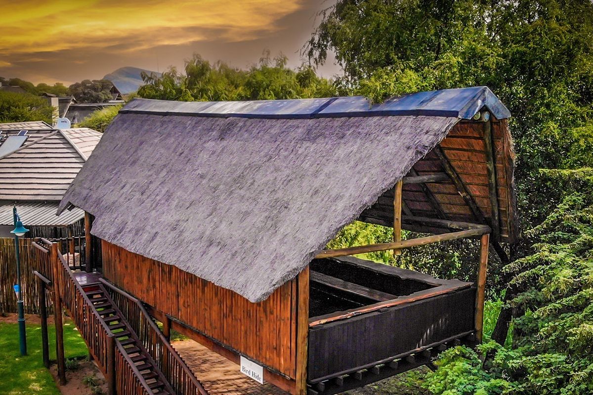 An elevated timber bird hide structure featuring a traditional thatched roof, accessible via a wooden staircase within a landscaped estate setting.
