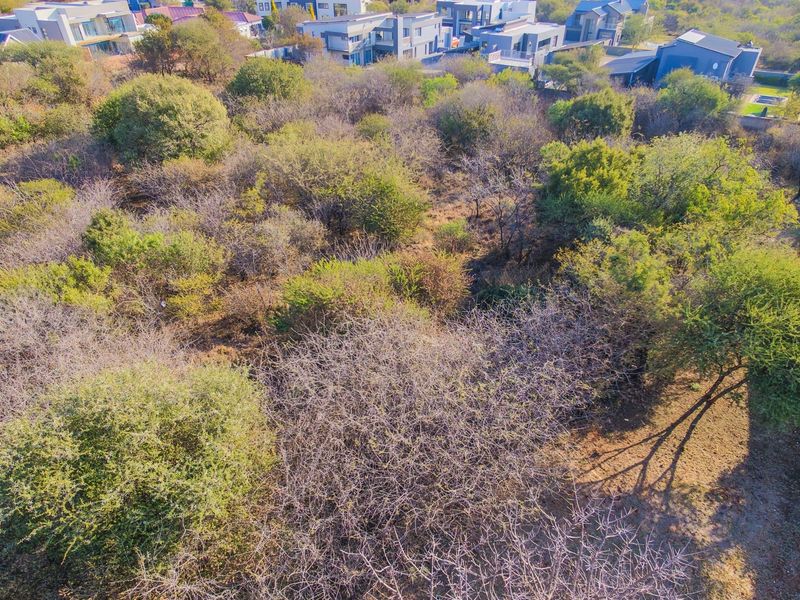 An aerial view of a vacant residential plot featuring dense native vegetation and mature trees, situated within an established residential estate.
