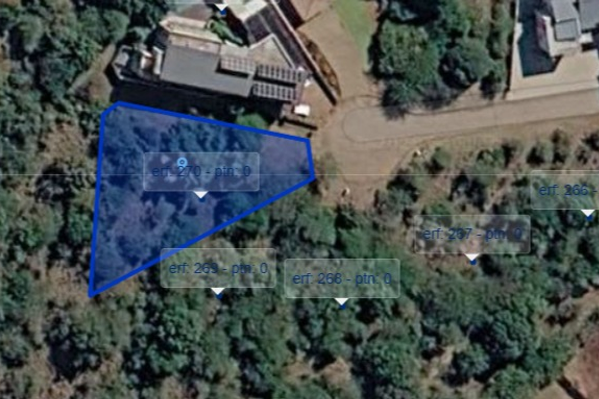 An aerial view of a vacant residential plot of land, highlighted in blue, surrounded by established trees and nearby residential properties.