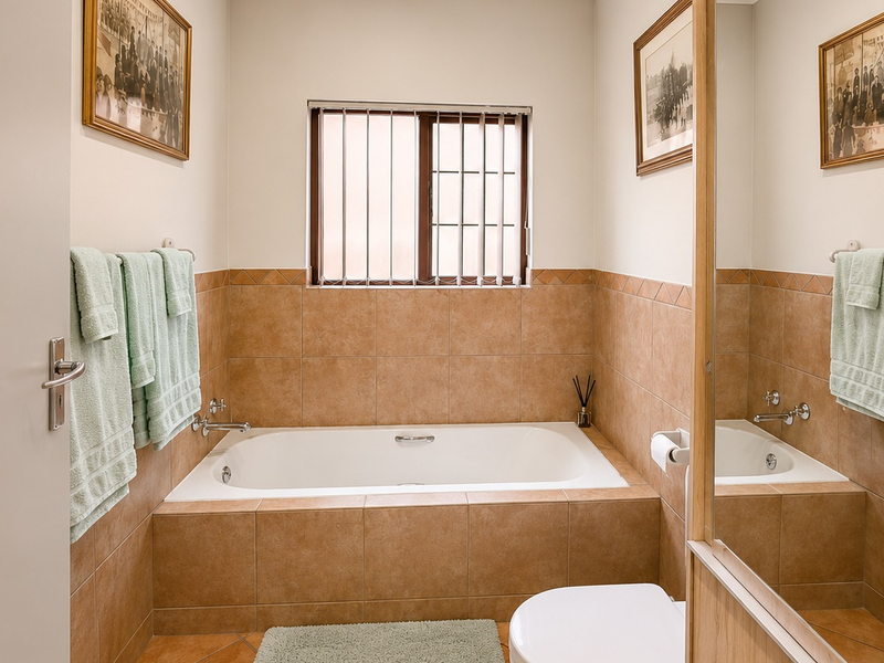 A functional bathroom featuring a built-in bathtub with tiled surround, neutral wall finishes, and a window with security bars.